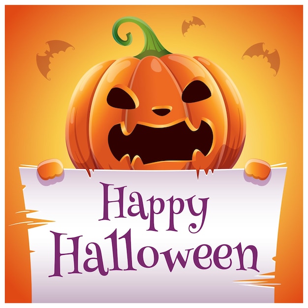 Happy Halloween poster with angry evil pumpkin with parchment on orange background. Happy Halloween party. For posters, banners, flyers, invitations, postcards.