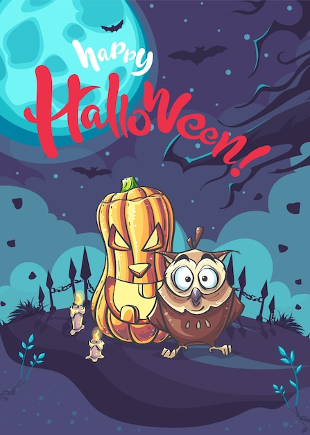 Happy Halloween poster with pumpkin and ghost