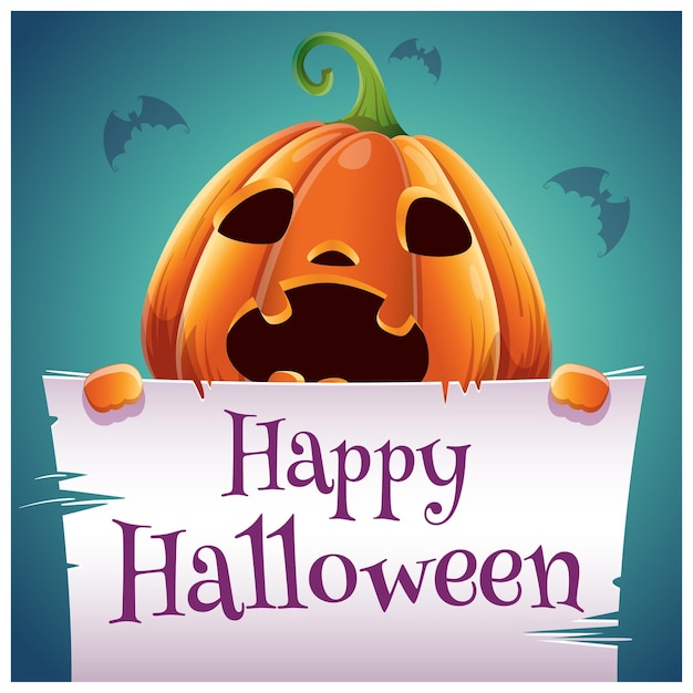 Happy Halloween poster with scared pumpkin with parchment on dark blue background Happy Halloween party