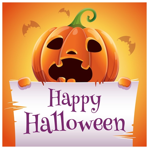 Happy Halloween poster with scared pumpkin with parchment on orange background. Happy Halloween party. For posters, banners, flyers, invitations, postcards.