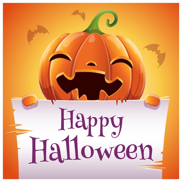 Happy Halloween poster with smiling pumpkin with parchment on orange background. Happy Halloween party. For posters, banners, flyers, invitations, postcards.