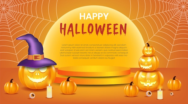 Happy Halloween product display podium design with scary pumpkin spider web and candle