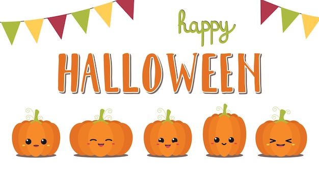 Happy Halloween pumpkin set. Vector cute pumpkin collection with hand drawn letters on white background. Simple flat design banner.