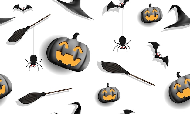 Happy Halloween pumpkin spider bat witch hat broom on white seamless pattern background vector