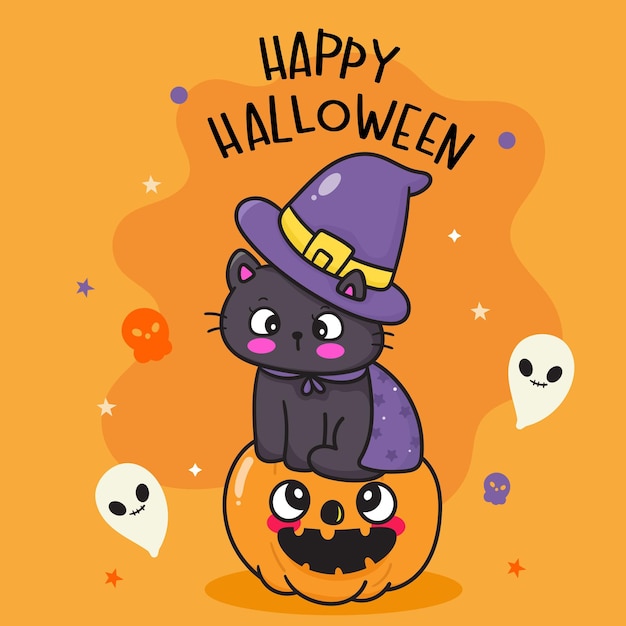 Happy Halloween pumpkin and witch cat with spooky ghost kawaii cartoon