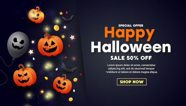 Happy halloween sale banner with scary orange pumpkin face, gold coins, balloons and golden glitter