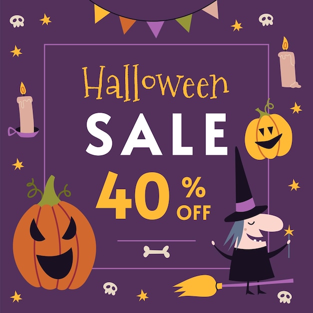 Happy Halloween sale cute banner template design cartoon style Discount promotion layout poster for web or social media advertising and flyers Trendy modern vector illustration hand drawn