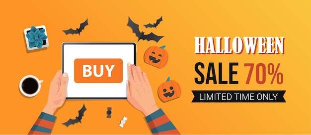 happy halloween sale promotion template holiday celebration concept seasonal discount greeting card of flyer horizontal vector illustration