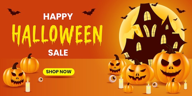 Happy Halloween sale vector banner with haunted house pumpkin and candle on orange background