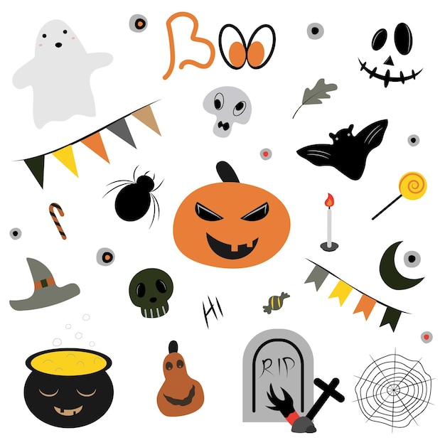 Happy Halloween scary and funny faces set. Halloween traditional decoration elements with pumpkin.