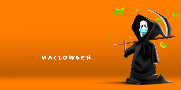 Happy halloween scary scream grim reaper wearing face mask protecting from coronavirus or COVID-19