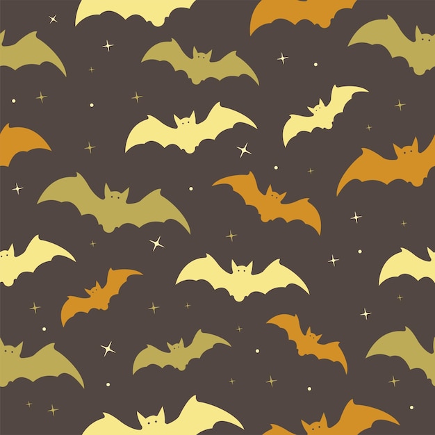 Happy Halloween seamless pattern with bat and stars on dark background Vector illustration