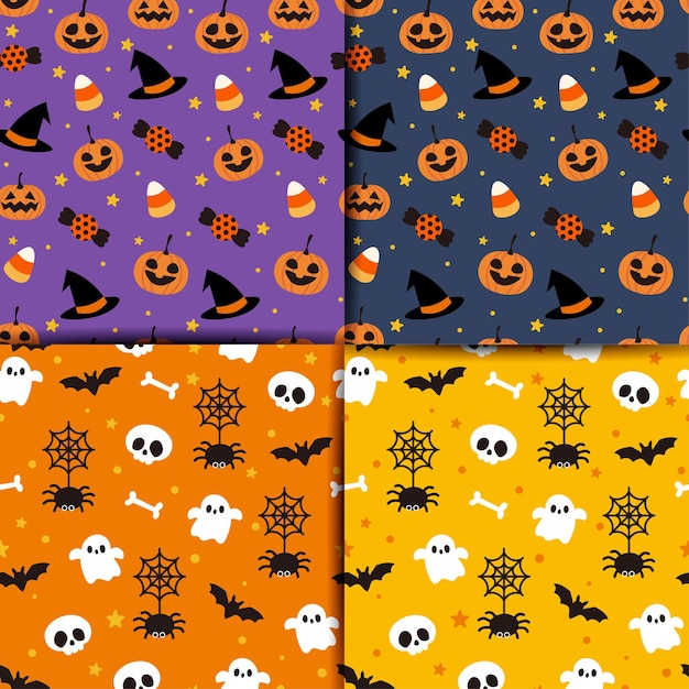 Happy Halloween seamless patterns design set. Color icons of skull, pumpkins, spider, ghost.