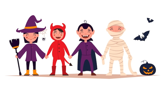 Happy Halloween. Set of cute cartoon kids in colorful Halloween costumes