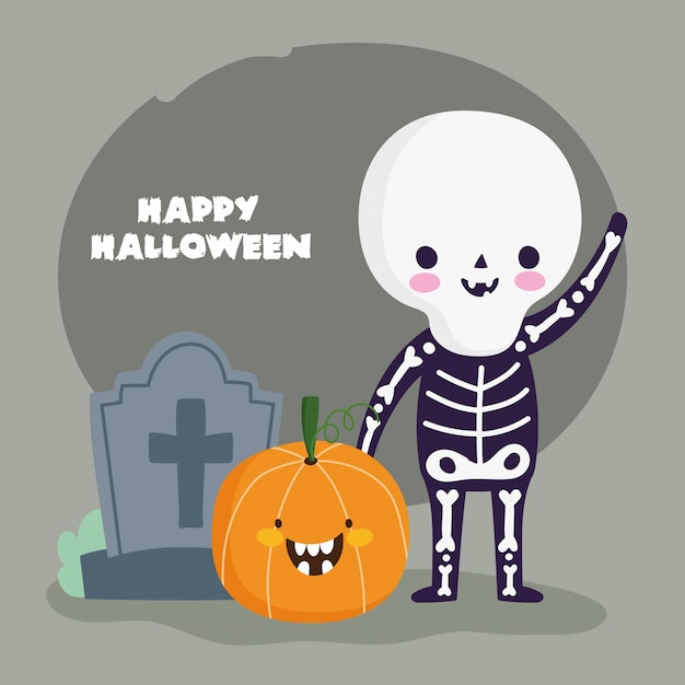 Happy halloween, skeleton costume pumpkin and tombstone trick or treat party celebration illustration