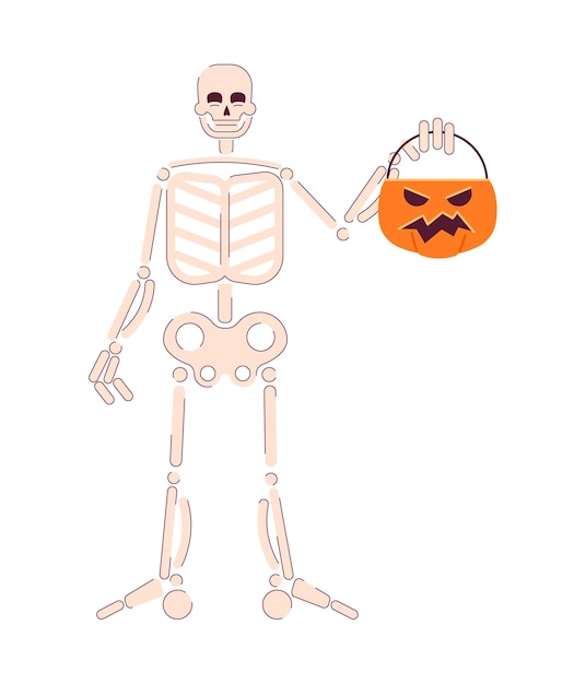 Happy halloween skeleton flat concept vector spot illustration Helloween party adult candy bucket 2D cartoon character on white for web UI design Skeleton trick isolated editable creative hero image