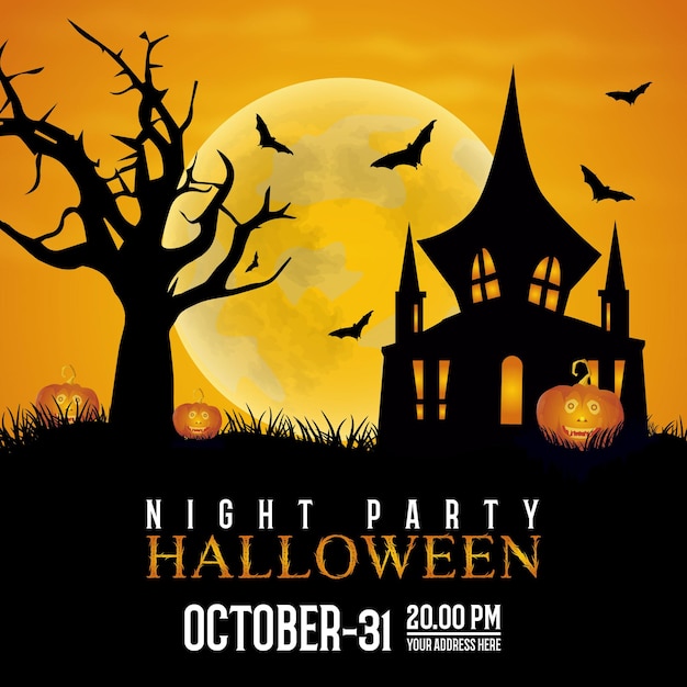 Happy halloween social media banner design with haunted house, silhouette tree, bats, moon vector