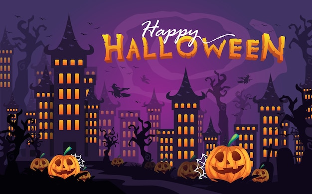 Happy halloween spooky castle with dark tree and pumpkin vector illustration