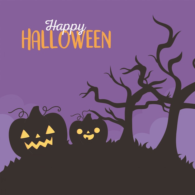 Happy halloween, spooky pumpkins dry trees night trick or treat party celebration vector illustration