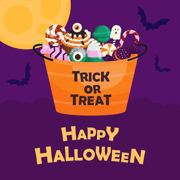 Happy halloween square card with bucket of sweets and the moon in the background Trick or Treat postcard design template for October holiday night