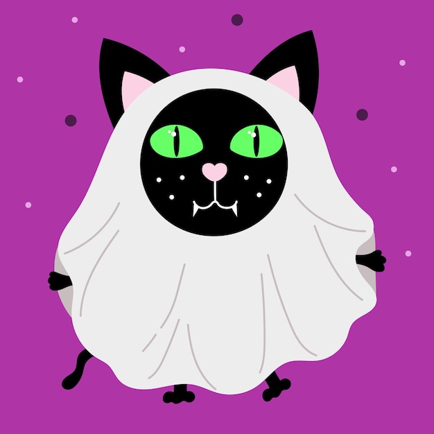 Happy Halloween sticker with Cute black cat dressed as a ghost holiday clipart