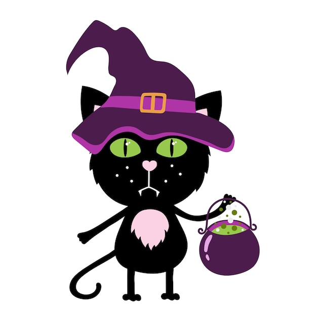 Happy Halloween sticker with Cute black cat in a witch's hat and with a cauldron