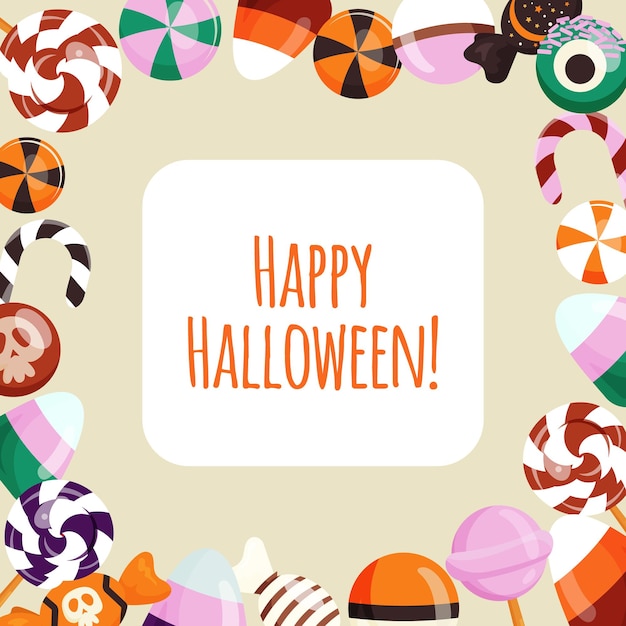 Happy Halloween sweet background with candy Square template design light frame with sweets lollipops caramel dessert for Helloween holiday party Colored flat vector illustration