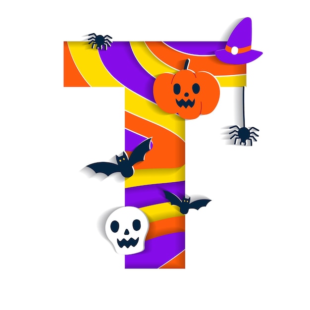 Happy Halloween T Alphabet Font Typography Cartoon Spooky Paper Cutout Type Skull Pumpkin Bat Spider