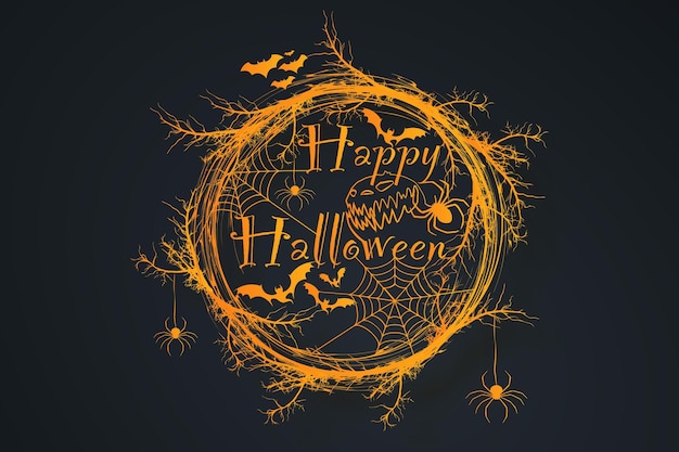 Happy Halloween Text Banner, orange horror wreath of branches, a realistic round frame border