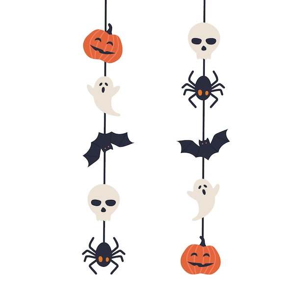 Happy Halloween text banner with bat, spider, pumpkin and ghost, vector