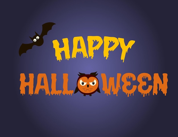 Happy Halloween text banner with owl and bat. Vector illustration.