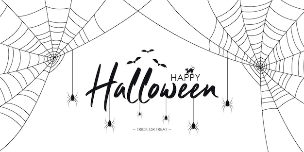 Happy Halloween text banner with spiders and web bat and cat