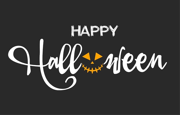 Happy halloween text banner with spooky pumpkin grimace Vector illustration isolated on black.