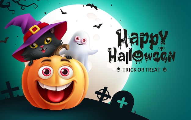 Happy halloween text vector design Halloween greeting card with pumpkin cat and ghost characters