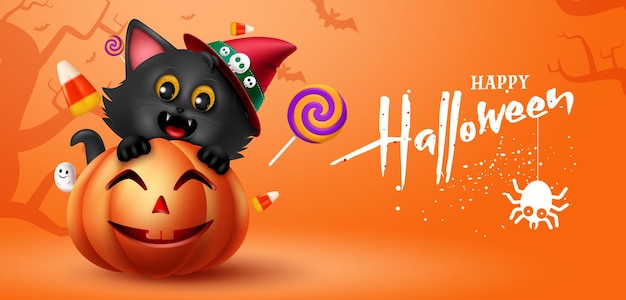 Happy halloween text vector design Halloween greeting with kitten pet and pumpkin character for kid