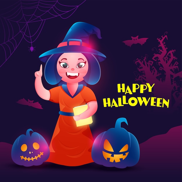 Happy Halloween Text with Cheerful Female Witch Holding Book