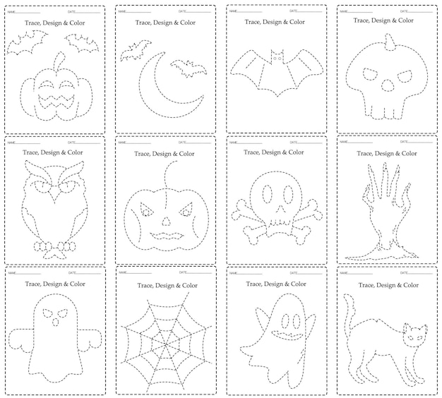 Happy Halloween Trace Game for kids with Monsters.Education Game for Children.Tracing book for kids