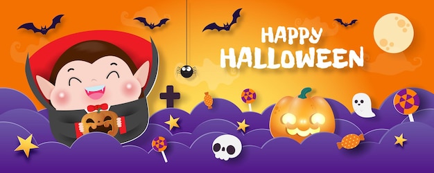 happy halloween trick or treat banner paper cut style Dracula Vampire background fun party