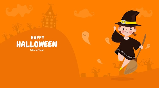 Happy Halloween trick or treat flat style witch and fun party celebration invitation banner template