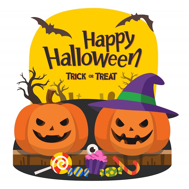 Happy Halloween and Trick or Treat Party. Pumpkins with candy under the moonlight
Template for advertising brochure.