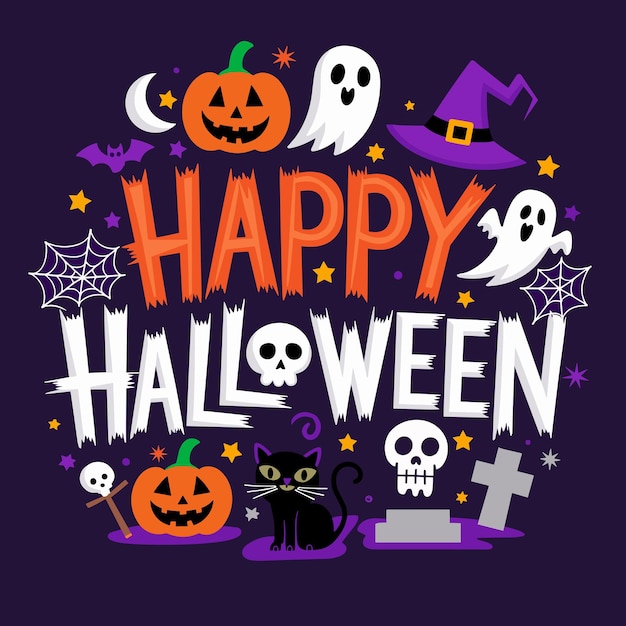 Vector happy halloween typography with elements on purple background