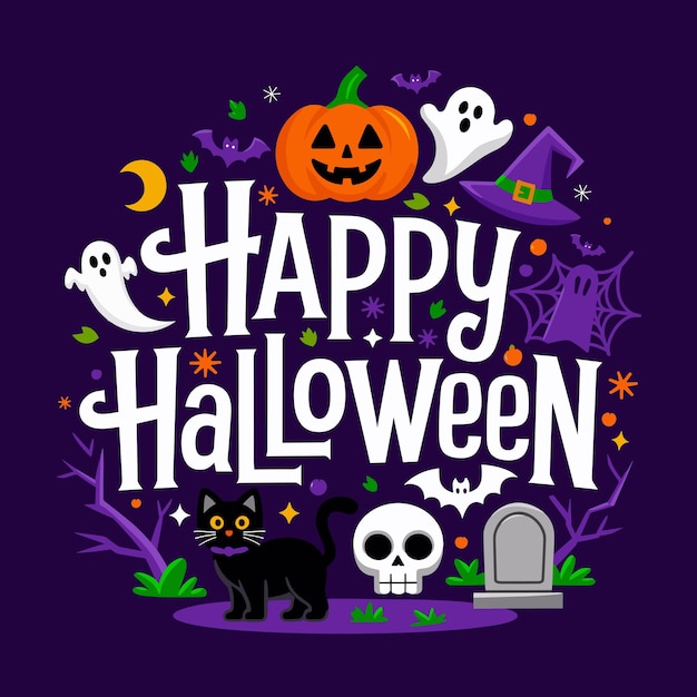 Happy Halloween Typography with Elements on Purple Background