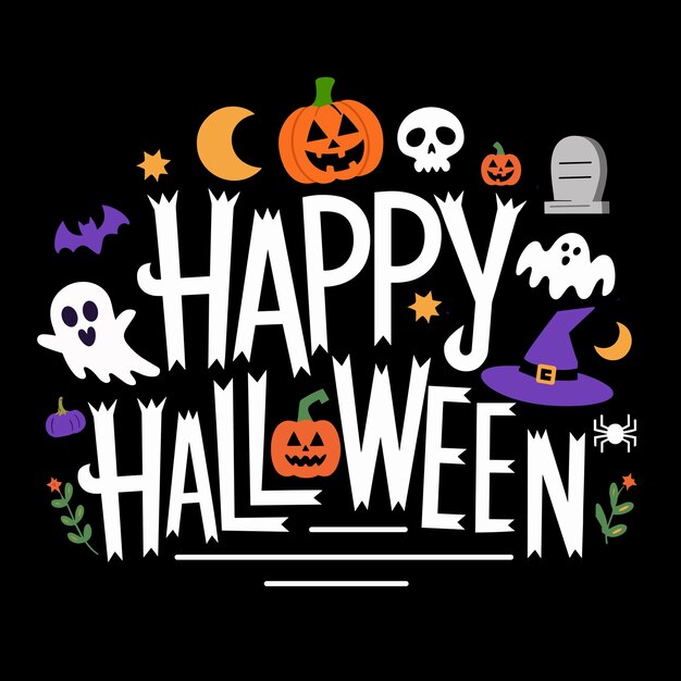 Vector happy halloween typography with elements on purple background