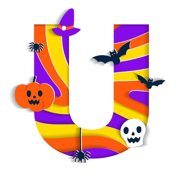 Happy Halloween U Alphabet Font Typography Cartoon Spooky Paper Cutout Type Skull Pumpkin Bat Spider