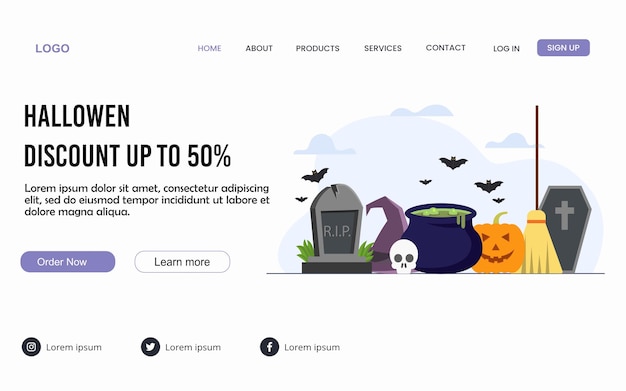 Happy Halloween up to 50 off landing page for website and mobile website. vector illustration.