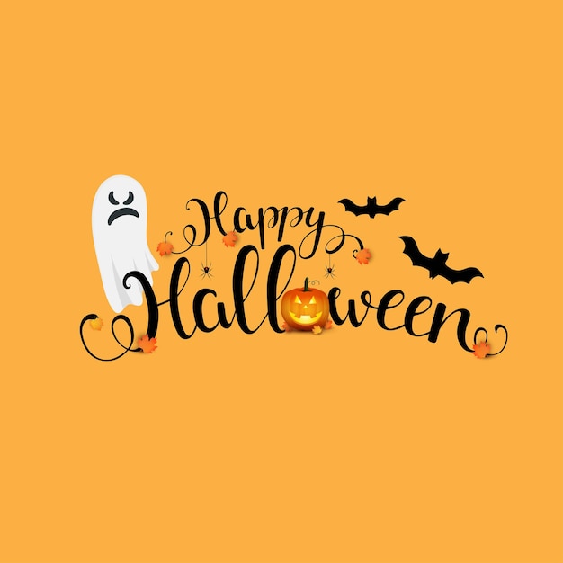 Happy halloween. Vector holiday illustration. Vector halloween pumpkin, lettering and bat