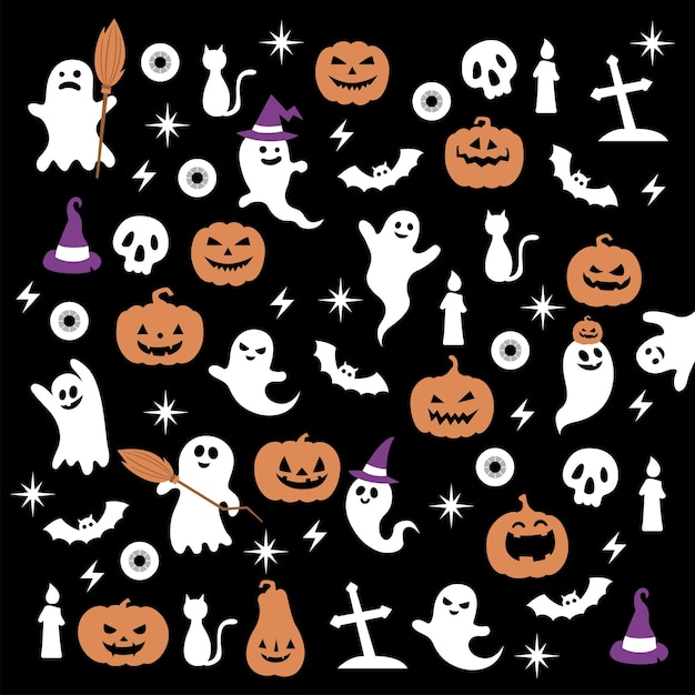 Happy Halloween Vector magic elements Pumpkins ghost skull black cat illustration in flat cartoon