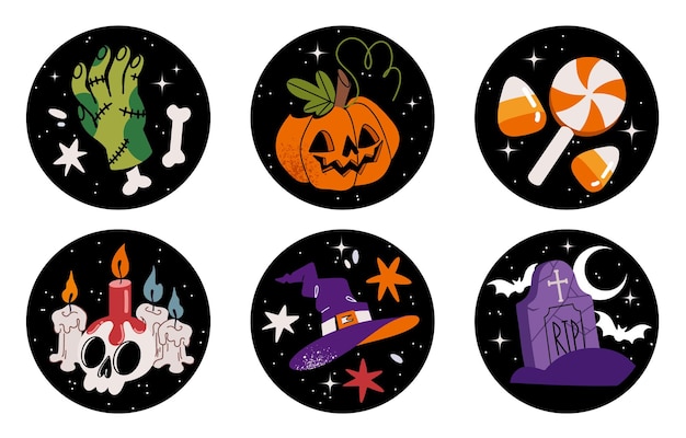 Vector happy halloween vector round shape stickers cake toppers with pumpkin white skull candy corn bat