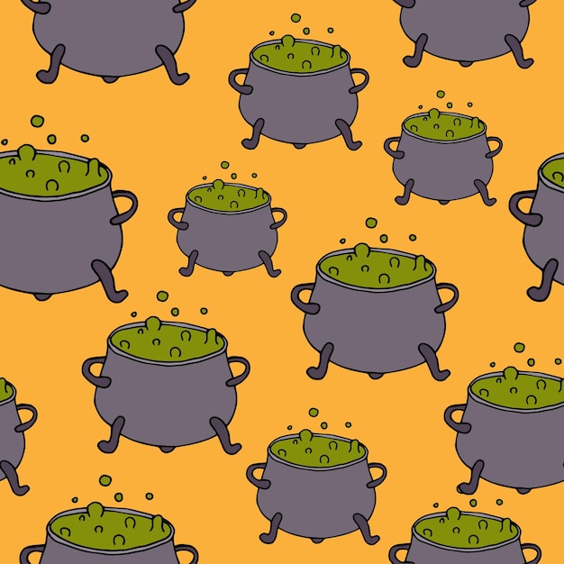 Happy Halloween vector seamless pattern Poison pot background Holiday colorful texture