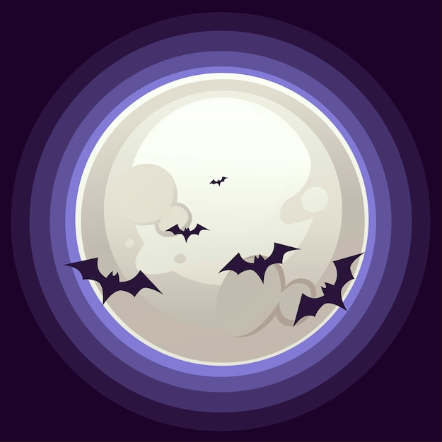 Vector happy halloween vertical banner design with big white moon and bat flat vector illustration on dark background.